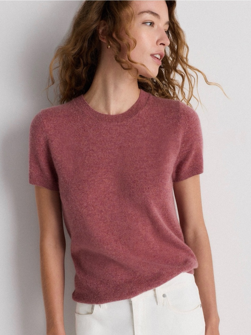 Quince Mongolian Cashmere Tee Heather Shaded Rose Pink Autumn